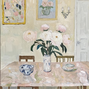 Vintage blommigt konsttryck på köksbord: Impressionistiska pioner (digital nedladdning)