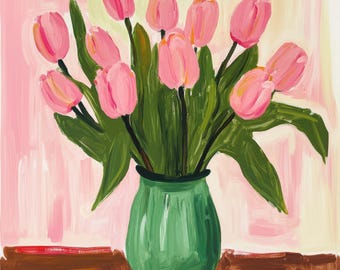 Pink Tulips in Green Vase Painting | Bold Floral Wall Art | Modern Botanical Home Decor | Instant Download | Printable Art | Digital Art