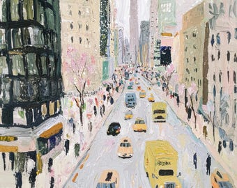 Könnte beinhalten: Ein Gemälde, das eine Straßenszene in der Stadt mit hohen Gebäuden, einer belebten Straße und gelben Taxis zeigt. Das Gemälde ist in einem lockeren, impressionistischen Stil mit sichtbaren Pinselstrichen ausgeführt.