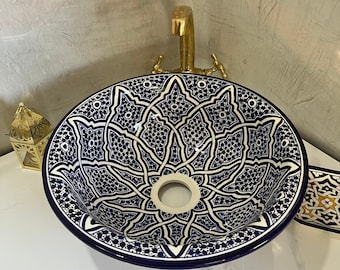 LECHEF Bathroom Ceramic Sink– Handmade & painted basin sink – Moroccan Washbasin – Vanity Ceramic basin – Countertop Washbasin + GIFT