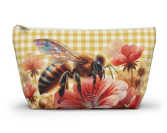 Bee Floral Makeup Bag | Gingham Cosmetic Pouch | Cottagecore Bee Gift for Her