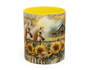 Gouden mok boerderijpaard | Zonnebloem ruitercadeau (11oz, 15oz)