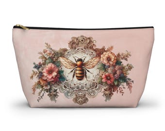 Romantische Lacey Bee make-uptas | Vintage etui met bloemen | Roze make-uptasje cadeau voor haar