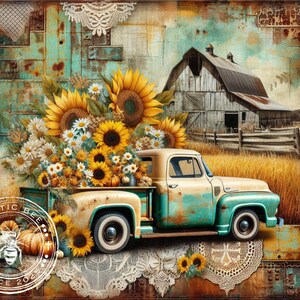 2H Vintage Creamy Pumpkin Truck & Sunflowers 8x10&quot; Downloadable Printable