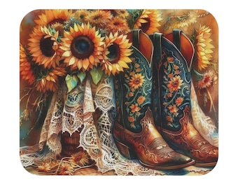 Zonnebloem cowboylaarzen muismat: rustiek westers bureaudecor met vloeiende precisie