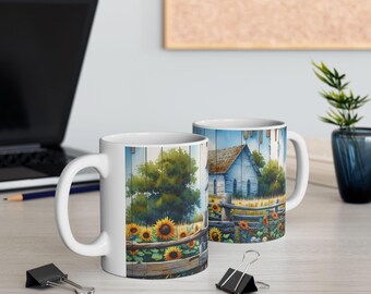 Mok kerk in boerderijstijl | Rustiek cadeau zonnebloem (11oz)