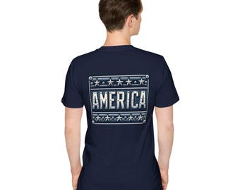 Vintage T-shirt met Amerikaanse metalen bordbadge - klassieke stijl langs de weg, print op voor- en achterkant