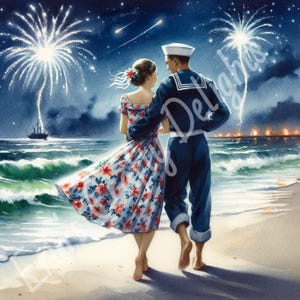 Peut inclure: Peinture à l'aquarelle d'un couple sur une plage la nuit, regardant un feu d'artifice. La femme porte une robe fleurie, et l'homme est en uniforme bleu marine. Un navire navigue sur l'eau, le ciel est rempli de feux d'artifice et d'étoiles. La scène évoque la romance et la célébration.
