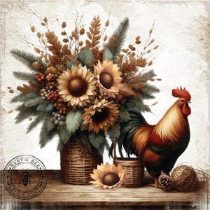 2 Sq Fall Sunflowers and Textured Background with Rooster 8x8&quot; Downloadable Printable