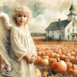 May include: A digital art print depicts a young child with blonde curly hair and angel wings, wearing a white dress. The child stands in a pumpkin patch with a church in the background. The image has a rustic, vintage aesthetic.