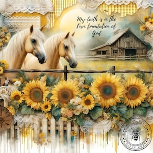 1 Sq Inspirational Yellow Gingham Horses Firm Foundation of God 8x8&quot; Downloadable Printable
