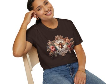Vintage Lacey Bee bloemenshirt, Cottagecore Bee-T-shirt, rustiek-botanisch T-shirt