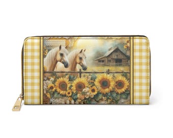 Portemonnee paard zonnebloem | Landelijke gele portemonnee met gingham-ruit