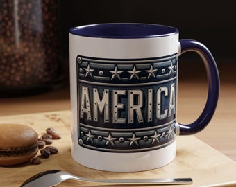 Vintage Amerika metalen bord accent koffiemok | Gedurfd, patriottisch, gemaakt om op te vallen, (11, 15 oz)