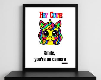 Unicorn Security Sign, Smile You're On Camera, Printable (Digital Download)