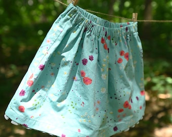 Girls' Turquoise Floral Elastic Waist Cotton Skirt with Ruffle Hem