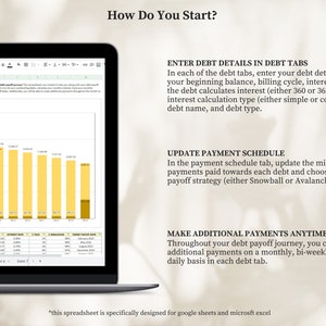 May include: A screenshot of a computer screen showing a spreadsheet with a bar graph and a table. The spreadsheet is designed to help users track their debt payments and create a debt payoff plan. The text on the screen reads "How Do You Start?" and provides instructions for using the spreadsheet. The spreadsheet is specifically designed for Google Sheets and Microsoft Excel.