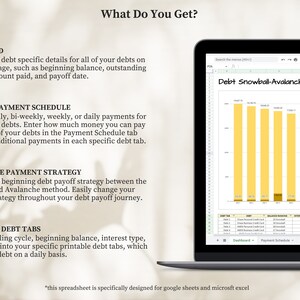 May include: A laptop computer screen displaying a spreadsheet with a yellow and brown bar graph titled "Debt Snowball-Avalanche Calculator". The spreadsheet is designed to help users manage their debt by tracking their payments and progress.