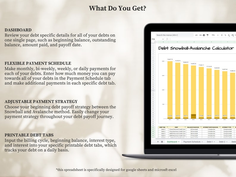 May include: A laptop computer screen displaying a spreadsheet with a yellow and brown bar graph titled "Debt Snowball-Avalanche Calculator". The spreadsheet is designed to help users manage their debt by tracking their payments and progress.