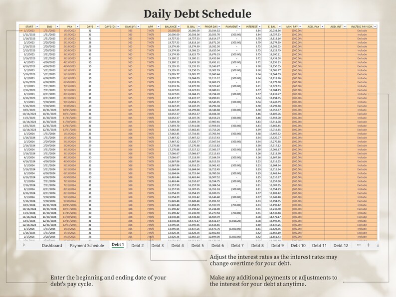 May include: A spreadsheet with a daily debt schedule. The spreadsheet includes columns for start date, end date, principal, daily interest, balance, minimum payment, and more. The spreadsheet is designed to help users track their debt and make payments.