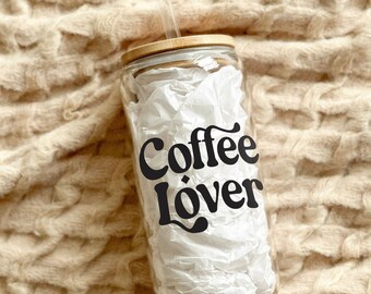 Coffee Lover Glass Cup with Bamboo Lid and Straw | Libbey Beer Glass Can | Trendy Glass | Gift for Her | Iced Coffee Cup