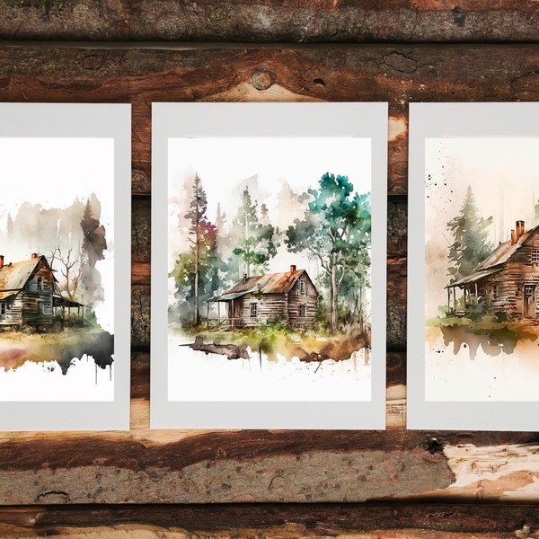 Rustic cabin watercolor digital prints Digital Print, Instant Download, Printable Art, Wall Decor