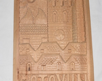 Carved relief of the bell tower of Motovun, Croatia, wall decoration, handmade souvenir, 3D carving, signed