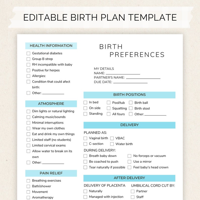 Editable Birth Plan Template for Canva Printable Birthing Plan Blue ...