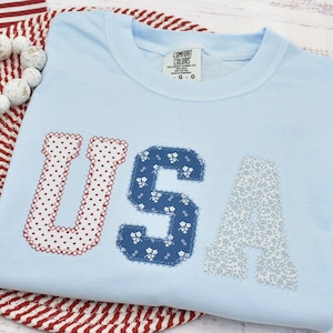 USA Embroidered Comfort Colors Shirt, Fourth of July Embroidered Crewneck, 4th of July Patriotic Tshirt, July 4 Memorial Day Tee, USA Shirt