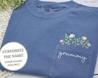 Custom Embroidered Grandma Shirt, Personalized Wildflower Shirt for Grandma, Comfort Colors Grandma Embroidered TShirt Gift for Mother's Day