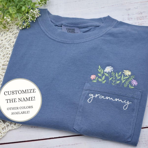 Custom Embroidered Grandma Shirt, Personalized Wildflower Shirt for Grandma, Comfort Colors Grandma Embroidered TShirt Gift for Mother's Day
