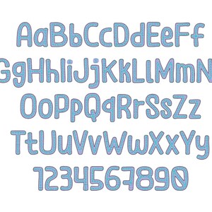 May include: A blue and purple alphabet with a textured pattern. The letters are outlined in a darker blue and are in a playful, rounded font. The numbers 1 through 9 are also included in the same style.