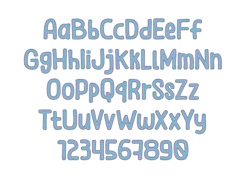 May include: A blue and purple alphabet with a textured pattern. The letters are outlined in a darker blue and are in a playful, rounded font. The numbers 1 through 9 are also included in the same style.