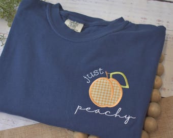 Just Peachy Embroidered Comfort Colors Shirt Funny Summer Tee Fruit T-Shirt Vintage Crewneck Southern Aesthetic Fruit Shirt Peach Top