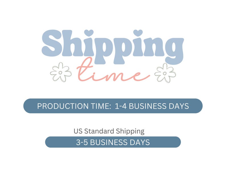 Pode incluir: Um gr&aacute;fico azul e rosa com o texto "Shipping time" e duas flores estilizadas. O texto "PRODUCTION TIME: 1-4 BUSINESS DAYS" e "US Standard Shipping 3-5 BUSINESS DAYS" tamb&eacute;m est&aacute; inclu&iacute;do.