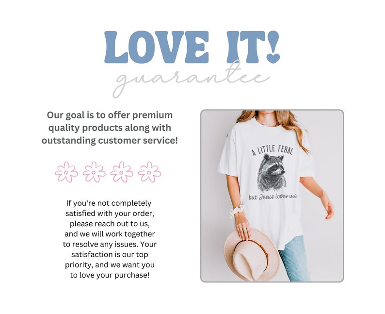 May include: White t-shirt with a black and white illustration of a raccoon and the text "A Little Feral but Jesus Loves Us".