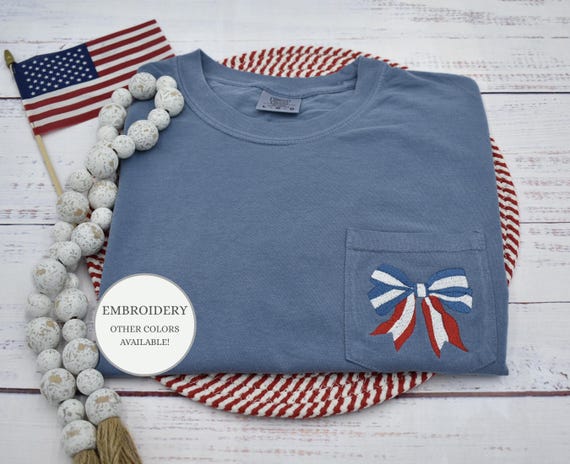 Fourth of July Embroidered Shirt, 4th of July Coquette Bow TShirt, July 4th Patriotic Shirt for Women,  Comfort Colors Trendy USA Flag Tee
