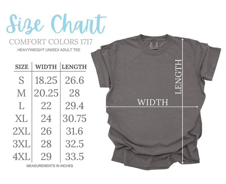 May include: Size chart for a heavyweight unisex adult tee shirt. The chart shows the size, width in inches, and length in inches for sizes S through 4XL.