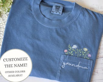 Custom Embroidered Grandma Shirt, Personalized Wildflower Shirt for Grandma, Comfort Colors Grandma Embroidered TShirt Gift for Mother's Day