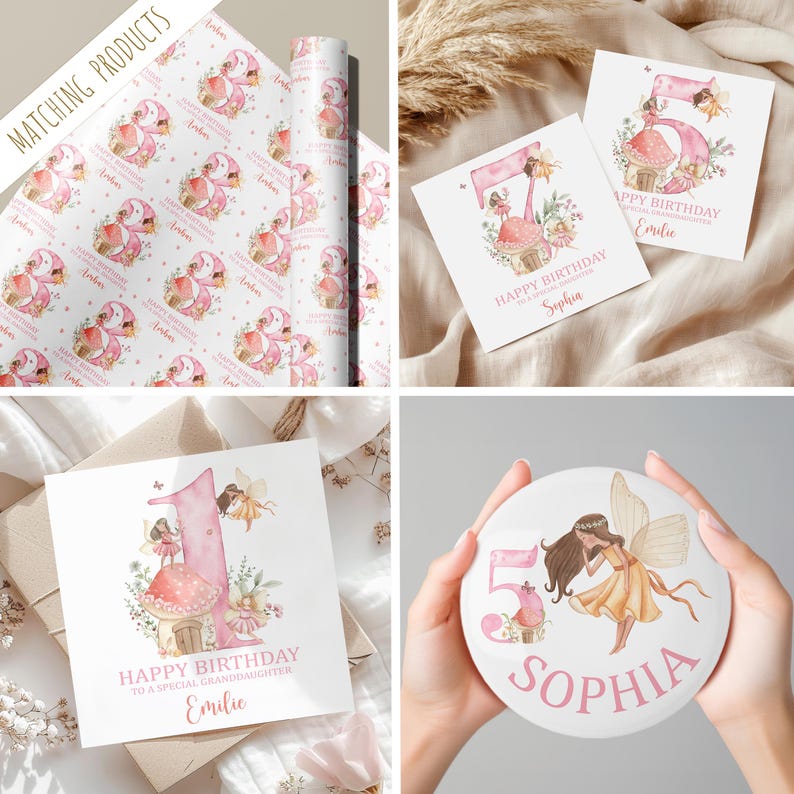 Peut inclure: Un ensemble de d&eacute;corations de f&ecirc;te d'anniversaire personnalis&eacute;es mettant en sc&egrave;ne une f&eacute;e rose avec des ailes et un num&eacute;ro un. Les d&eacute;corations comprennent un papier cadeau, une carte et un autocollant rond. Le texte sur la carte est "Joyeux anniversaire &agrave; une petite-fille sp&eacute;ciale, Emilie".