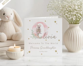 Tarjeta personalizada hecha a mano para recién nacido, Conejo, Bebé niño, Bebé niña, Nieto, Nieta, Ahijada BD136