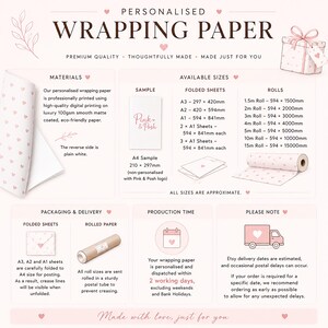 May include: An informational graphic for personalized wrapping paper featuring a white background with small pink hearts. It displays available sizes in millimeters for folded sheets and rolls, material specifications, and production details.