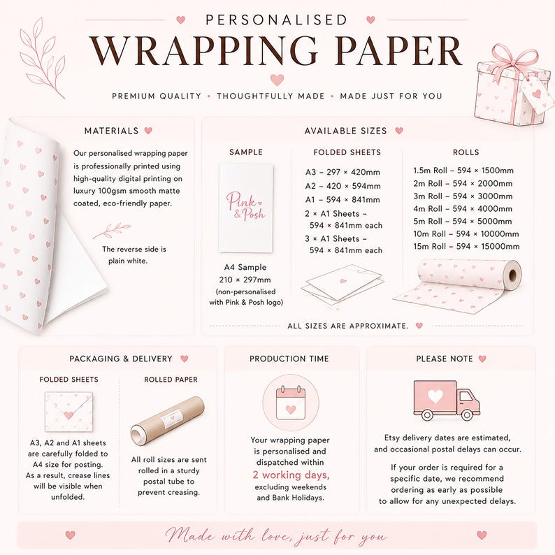 May include: An informational graphic for personalized wrapping paper featuring a white background with small pink hearts. It displays available sizes in millimeters for folded sheets and rolls, material specifications, and production details.
