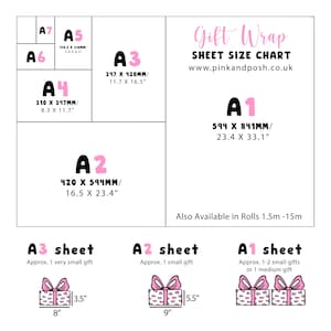 May include: A white gift wrap sheet size chart with black and pink text. It displays A1 through A7 paper sizes in millimeters and inches. The chart includes a website address and illustrations of gift boxes with bows, showing size comparisons.