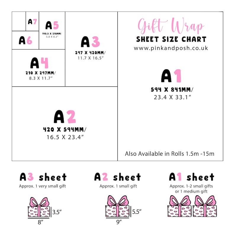 May include: A white gift wrap sheet size chart with black and pink text. It displays A1 through A7 paper sizes in millimeters and inches. The chart includes a website address and illustrations of gift boxes with bows, showing size comparisons.