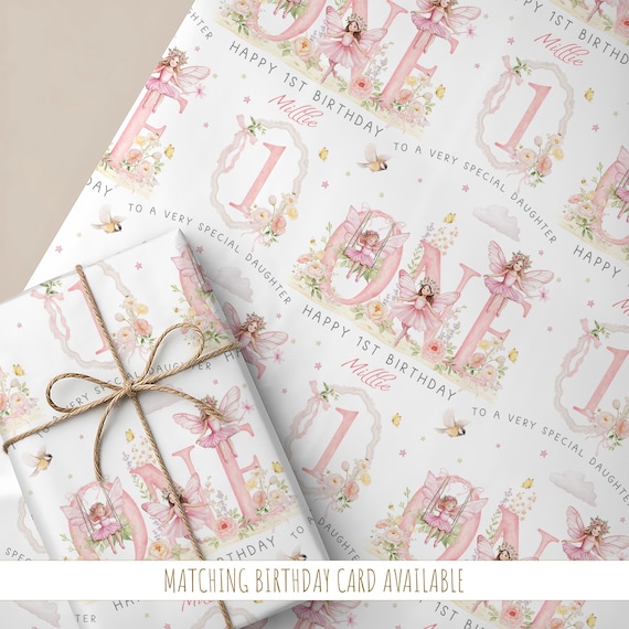 Personalised First Birthday Wrapping Paper, 1st Birthday Fairy Gift Wrap Roll A1 Sheet for Daughter, Granddaughter BD290
