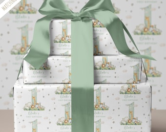 Personalised Boy's First Birthday Wrapping Paper, 1st Birthday Gift Wrap  Roll Large Sheet for Son, Grandson Nephew Godson Safari Gift BD140