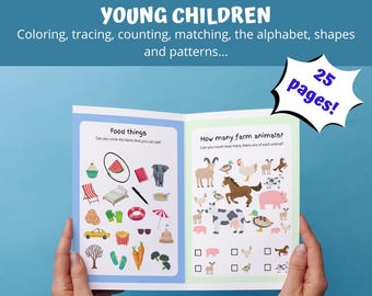 May include: A colorful busy book for toddlers and young children with 25 pages. The book features activities like counting farm animals, circling food items, and matching shapes.
