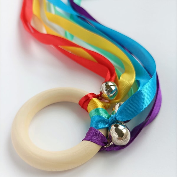 Bague ruban arc-en-ciel style Montessori / Bague sensorielle arc-en-ciel / Cerf-volant à main pour jeu sensoriel / Jouet musical (Choisissez vos propres couleurs !)