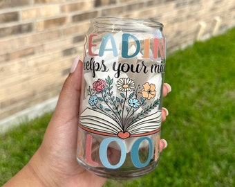Reading Helps Bloom Your Mind Libbey Glass Cup With Bamboo Lid And Straw, 16 oz glass can, coffee cup, beer can, libbey glass, book lovers